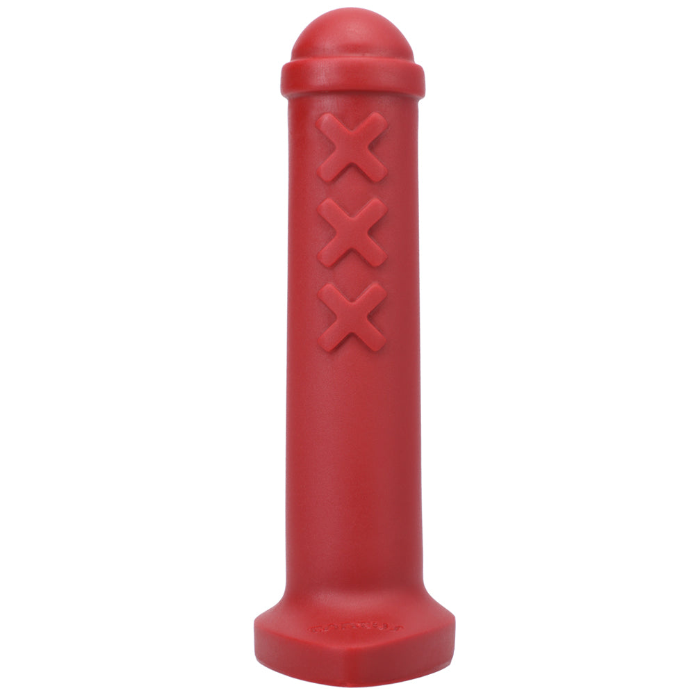 Tantus Amsterdam Junior Dildo Ruby (Bag) Front view of red Amsterdam Junior dildo with triple-X side motif