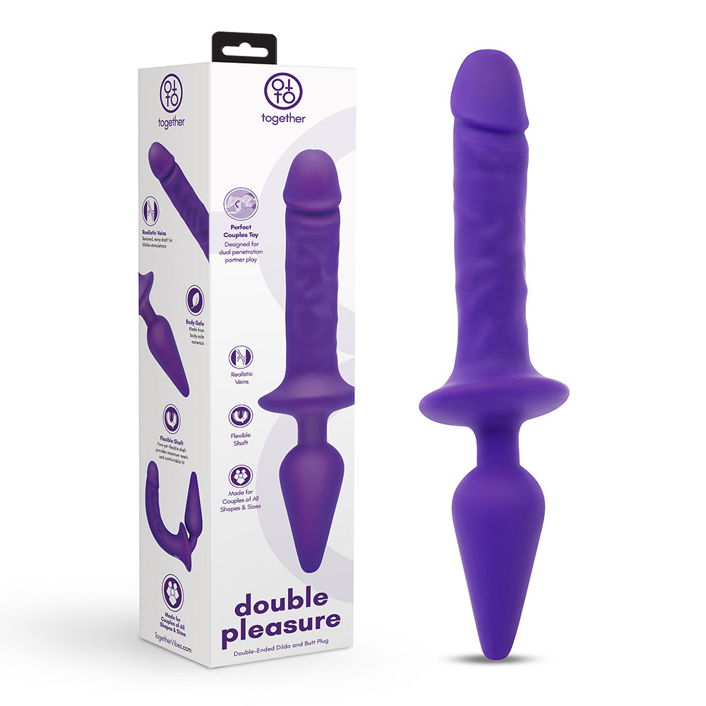 Together Couples Double Pleasure Purple purple Together Double Pleasure dildo and tapered plug beside retail box