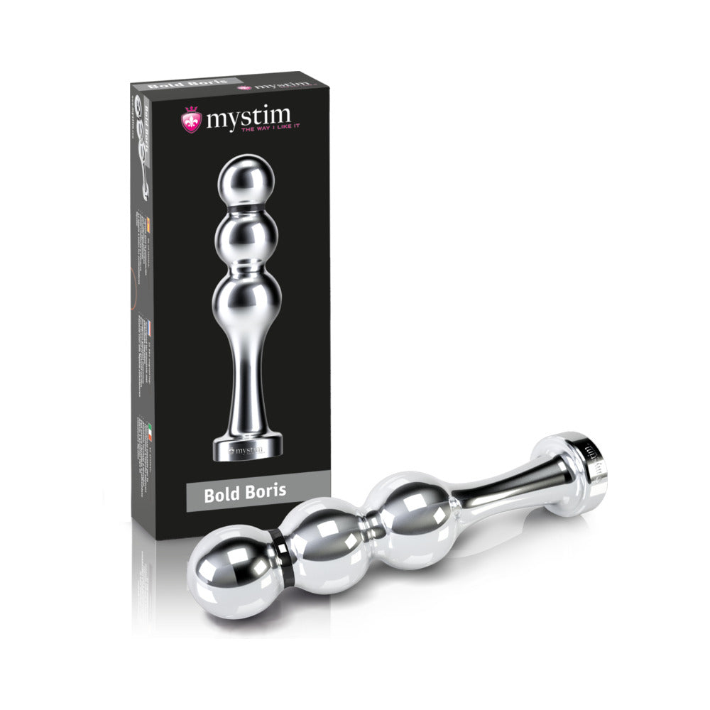 polished silver Mystim Bold Boris plug with three rounded sections beside its box