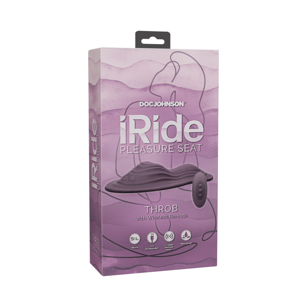 iRide Pleasure Seat Throb Rechargeable with Wireless Remote Dusty Purple purple Doc Johnson iRide Throb pleasure seat pictured on lavender retail box