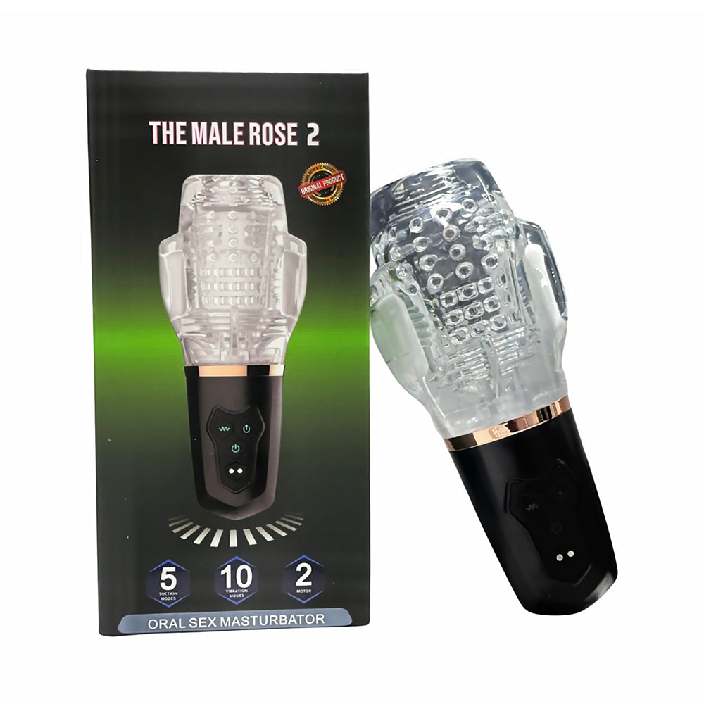 The Male Rose 2 clear textured Male Rose 2 stroker on black handle beside retail box
