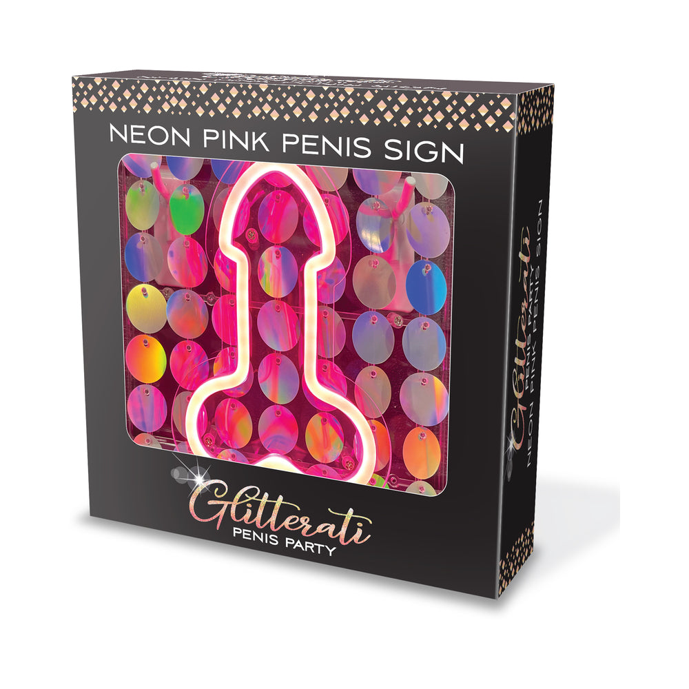 Neon Penis Light Up Sign Pink Glitterati penis light sign in black windowed box