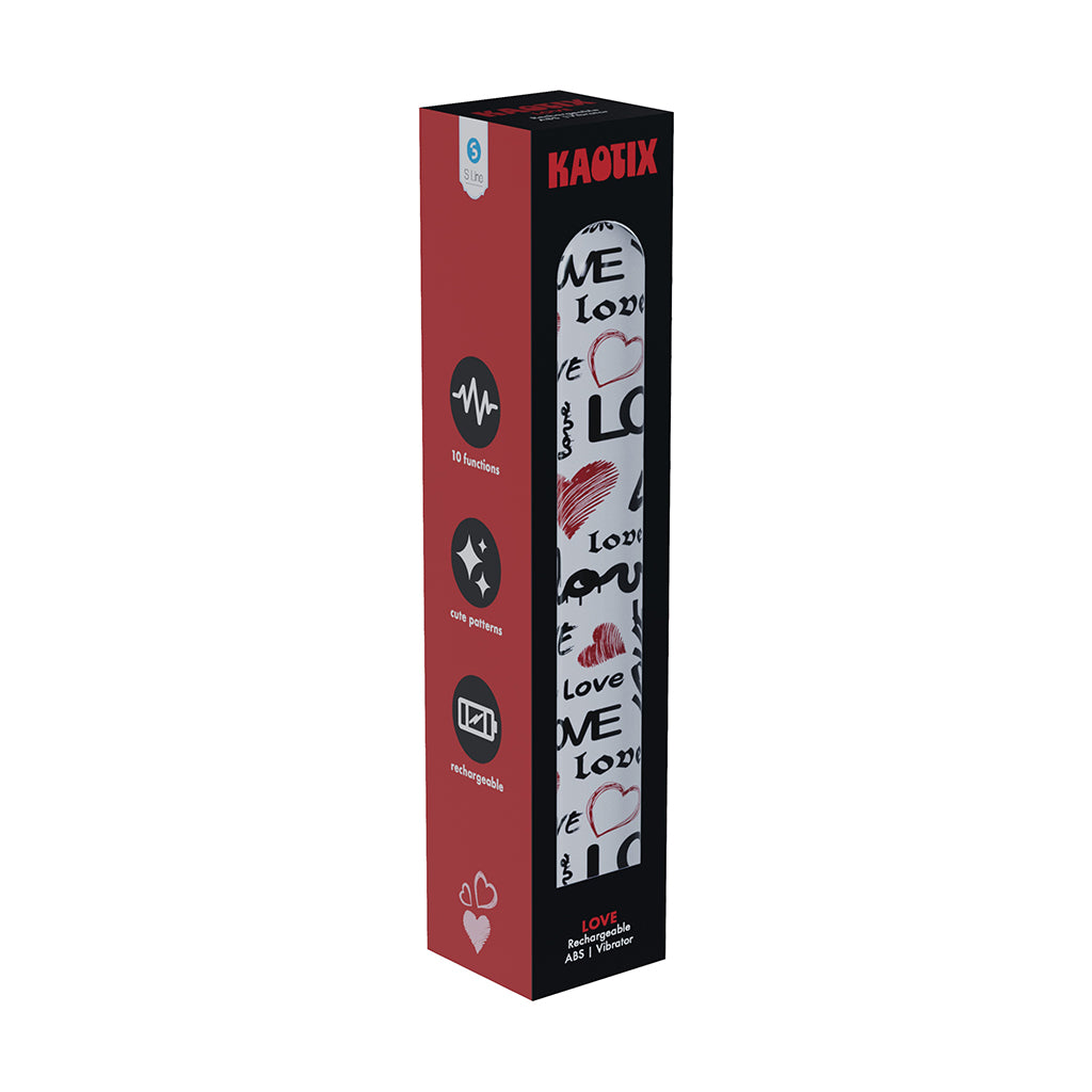 SLI Kaotix Love Rechargeable Vibrator White SLI Kaotix Love white vibrator in tall red-and-black carton