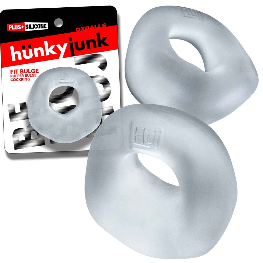 Hunkyjunk Fit Bulge Hung-Style Cockring Clear Steam Oxballs Hunkyjunk Fit Bulge Clear Steam cock ring retail package beside the translucent contoured ring