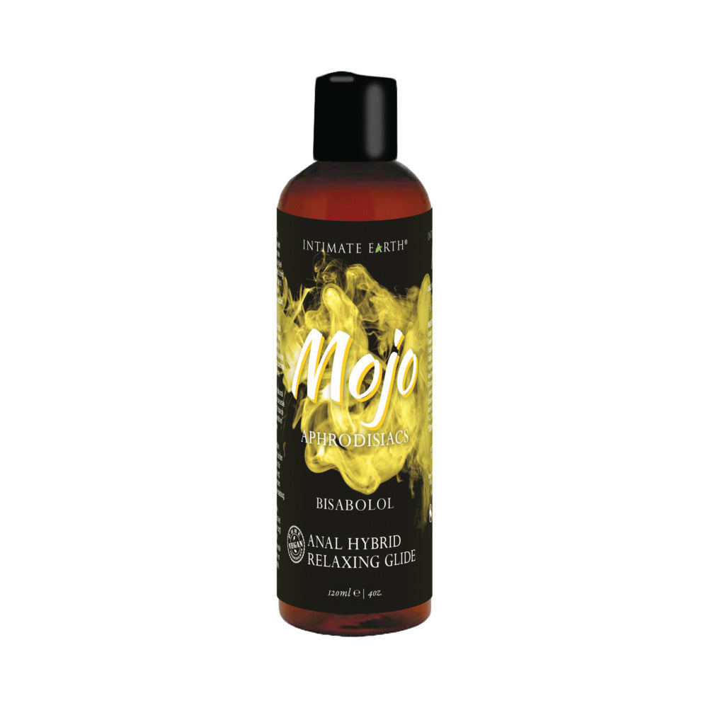 Intimate Earth Mojo Hybrid Bisabol Relaxing Anal Glide 4 oz. Four-ounce Intimate Earth Mojo Bisabolol anal glide bottle with black cap