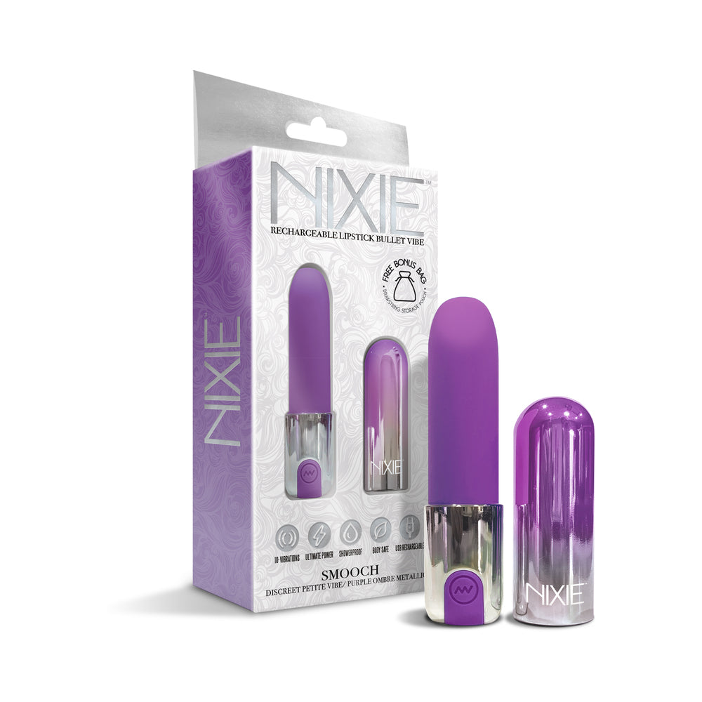 Nixie Smooch Rechargeable Lipstick Vibrator Purple Ombre purple ombre Nixie Smooch lipstick vibrator with clear cap and retail pack