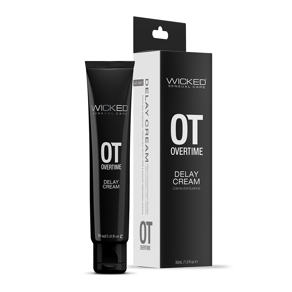 Wicked Overtime Delay Cream 1 oz. Wicked Overtime Cream 1 oz black tube beside black retail box
