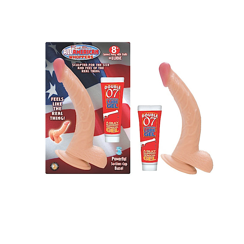 All American Whoppers 8 in. Curved Dong with Balls + Lube All American Whoppers beige curved dong and lube tube in package