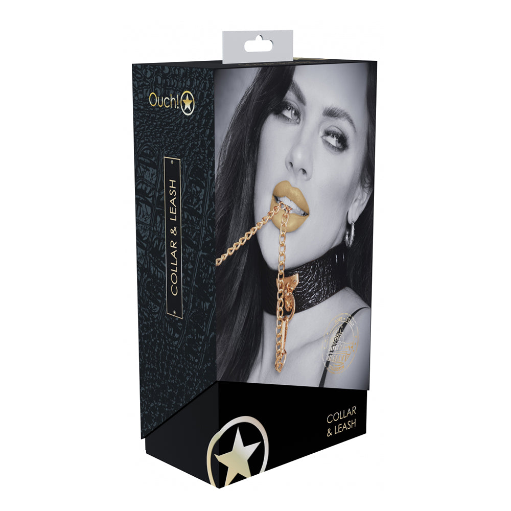 Ouch! International Rome Collection Collar with Leash black croc-print Rome collar with gold chain leash displayed on box