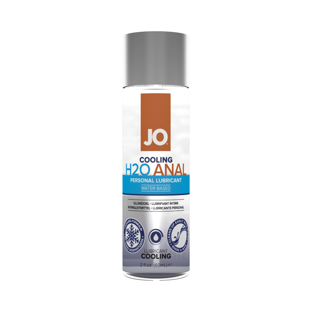 JO H2O Anal Cooling Water-Based Lubricant 2 oz. Front view of 2 oz System JO H2O Anal Cooling bottle with orange label
