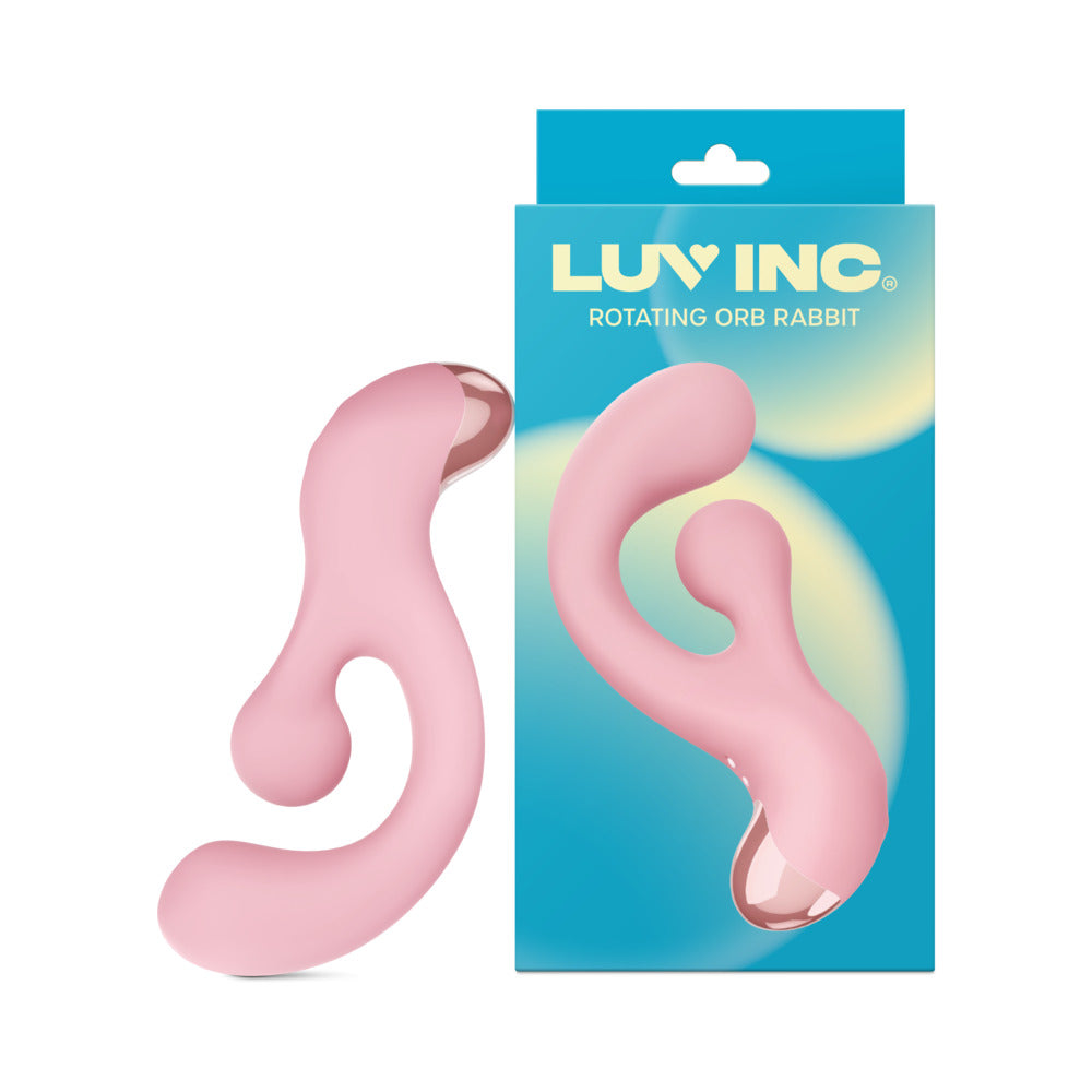 Luv Inc Ro33: Rotating Orb Rabbit Light Pink Light-pink Luv Inc RO33 curved rotating orb rabbit vibrator beside retail box