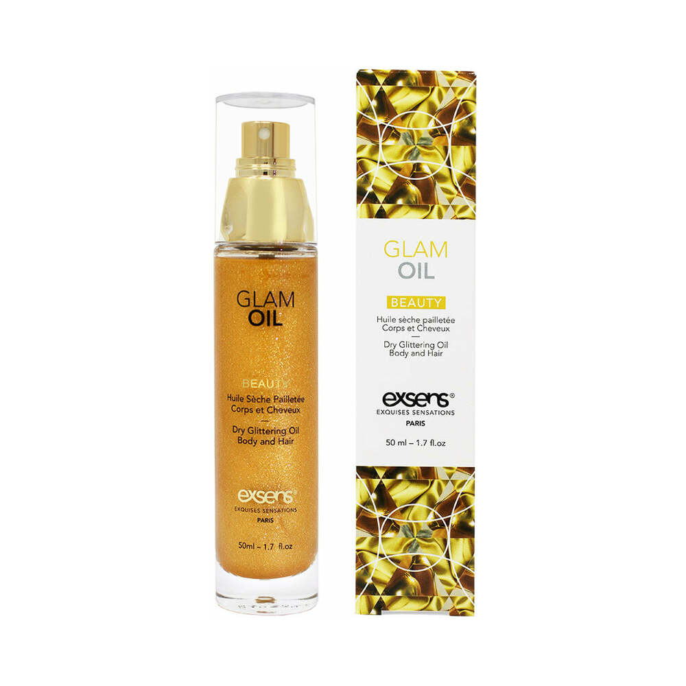 Exsens Glam Oil 1.7 oz. clear pump bottle of gold Exsens Glam Oil beside matching patterned carton