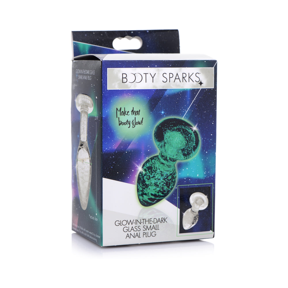 Booty Sparks Glow-in-the-Dark Glass Anal Plug Small small clear Booty Sparks glass anal plug with green glow swirl pictured on box