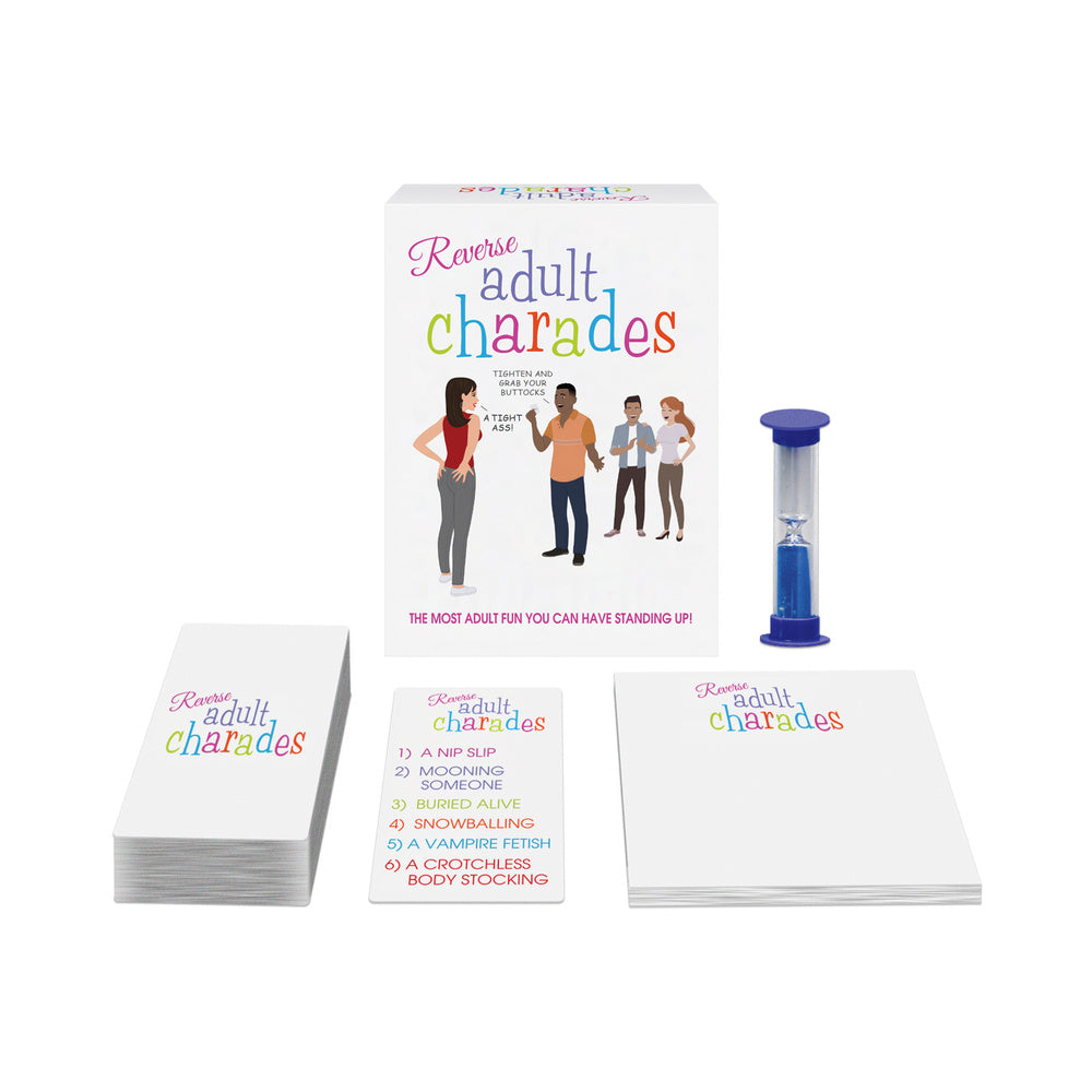 Reverse Adult Charades Reverse Adult Charades card decks with blue sand timer