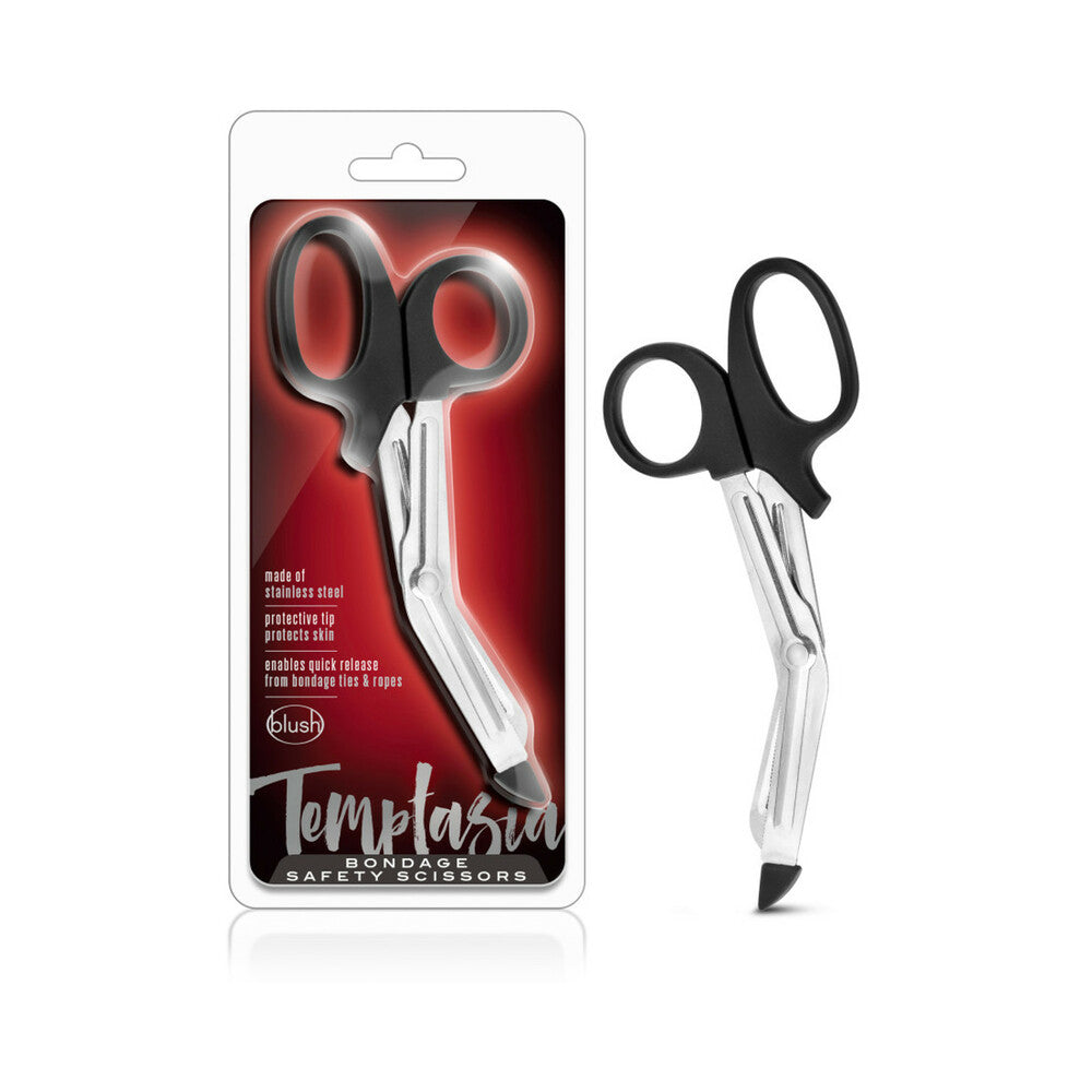 Temptasia Bondage Safety Scissors Black Blush Temptasia black bondage scissors beside red-and-black retail package