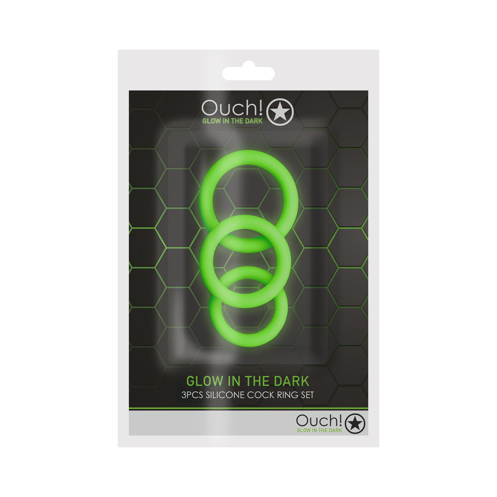 Ouch! Glow in the Dark 3-Piece Silicone Cockring Set Neon Green Ouch neon-green three-piece silicone ring retail pack