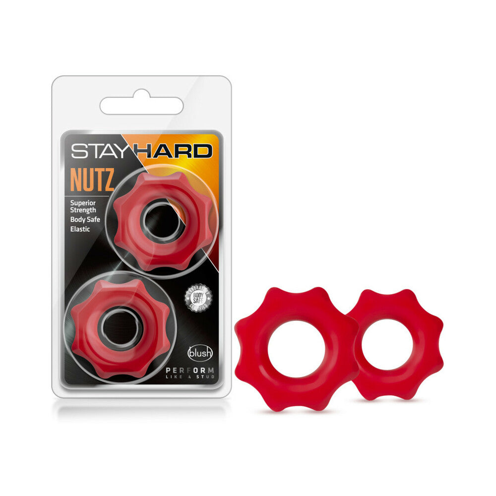 Stay Hard Nutz Cockring 2-Pack Red Stay Hard Nutz red cock ring two-pack beside retail package