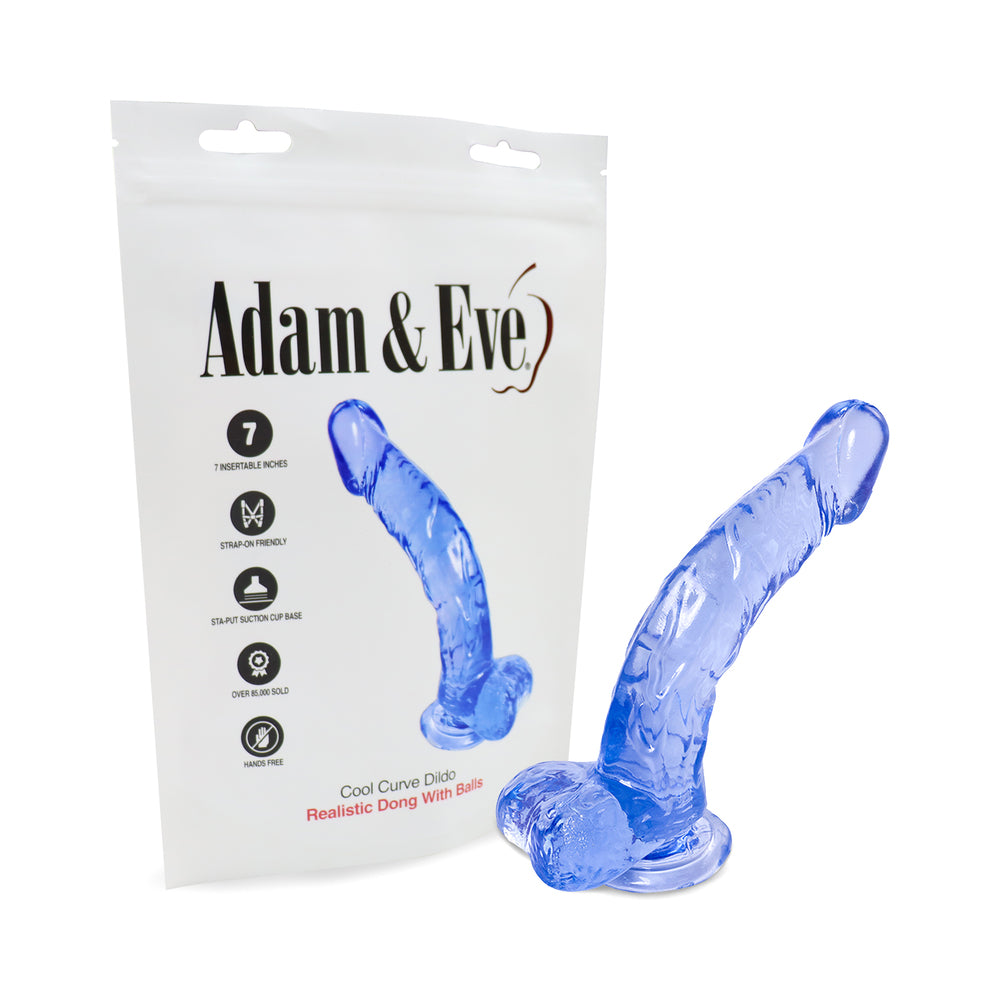 Adam & Eve Cool Curve Jelly Dildo (Bag Packaging) Adam & Eve Cool Curve translucent blue dildo beside white bag packaging