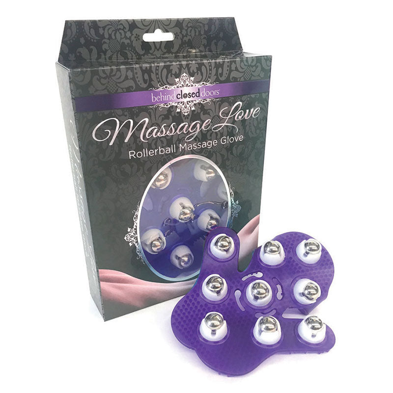 Behind Closed Doors- Massage Love Behind Closed Doors purple massage glove with nine silver rollerballs beside box