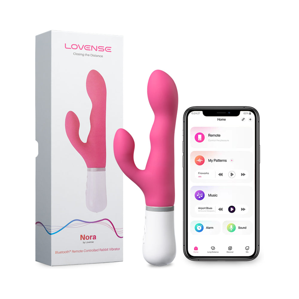 Lovense Nora Bluetooth Remote-Controlled Long-Distance Rabbit Vibrator Pink Lovense Nora rabbit vibrator with white box and Remote app screen