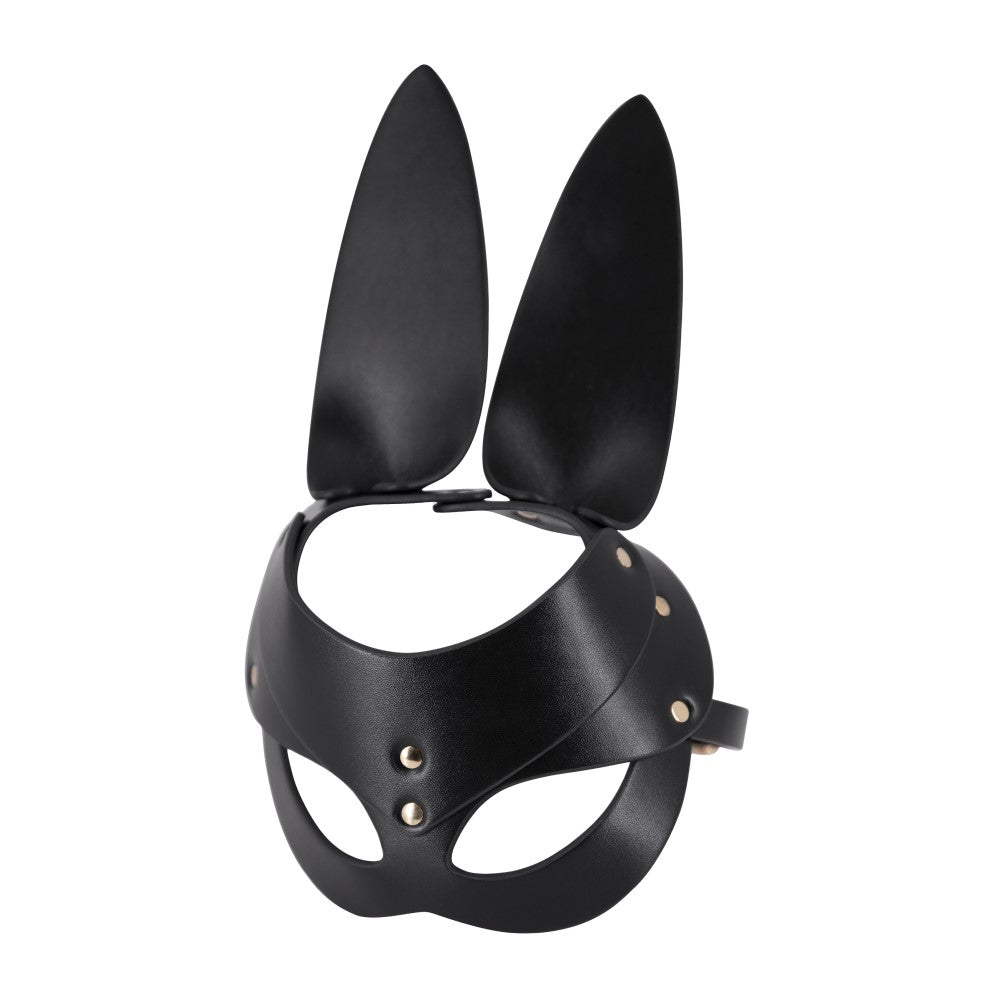 Male Power Bunny Mask Front view of black leather bunny mask with tall ears