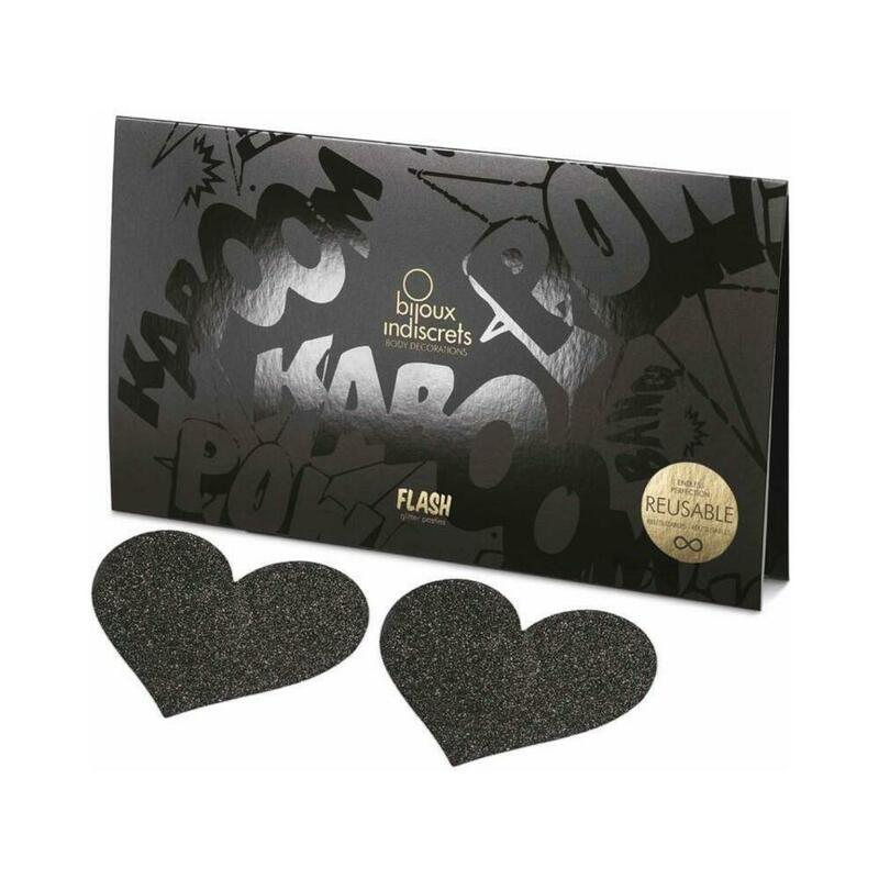 Bijoux Indiscrets Flash Reusable Glitter Pasties Heart Black pair of rounded black glitter heart-shaped Flash pasties beside black packaging