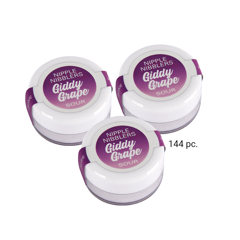 Nipple Nibbler Sour Tingle Balm Giddy Grape (Bulk Pack/144 pcs) 3 g Three light-purple Nipple Nibbler Giddy Grape balm pots marked 144 pieces
