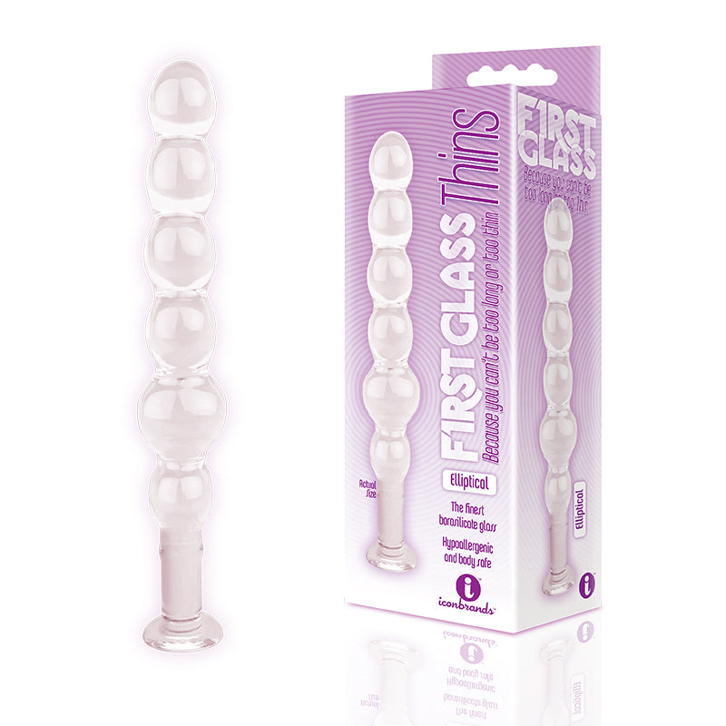 The 9''s Glass Thins Elliptical Glass Plug Clear elliptical Glass Thins plug with oval beads beside purple box