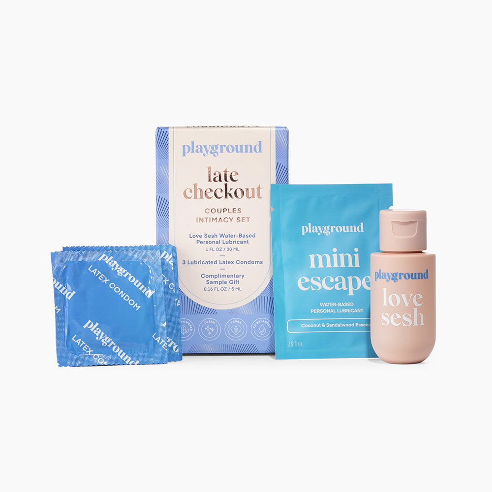Playground Late Checkout Couples Intimacy Set Playground Late Checkout box with Love Sesh bottle condoms and foil samples