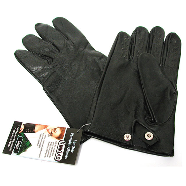 Leather Vampire Gloves (Extra Large) extra-large black Stockroom Leather Vampire Gloves showing studded palms and snap-tab cuffs