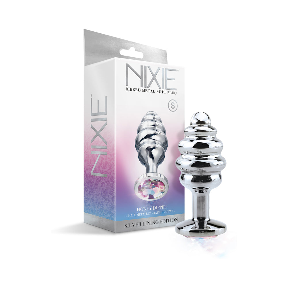 Nixie Ribbed Metal Butt Plug Honey Dipper Small small Nixie Honey Dipper silver plug displayed beside retail box