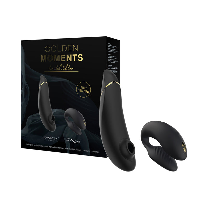 We-Vibe Golden Moments 2 Black black We-Vibe Golden Moments 2 devices beside black and gold retail box