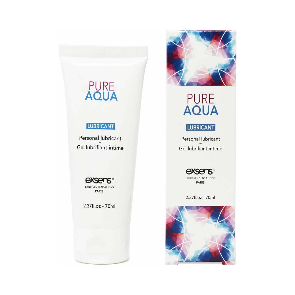 Exsens Pure Aqua Personal Lubricant 2.4 oz. white Exsens Pure Aqua 2.4 oz lubricant tube beside blue patterned carton