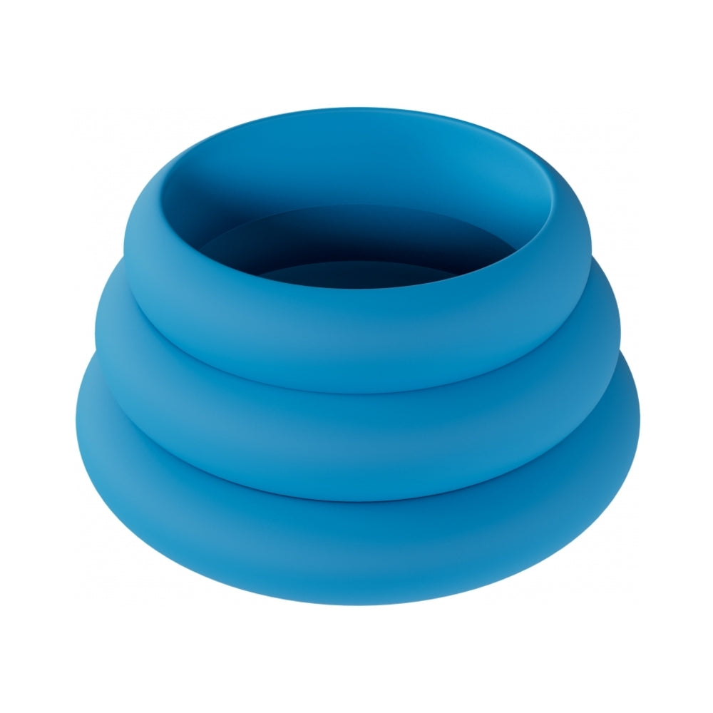 LEVELZ Wide O Silicone Cock Ring Set of 3 (42mm/50mm/55mm) Teal Three large teal LEVELZ Wide-O silicone rings nested by size