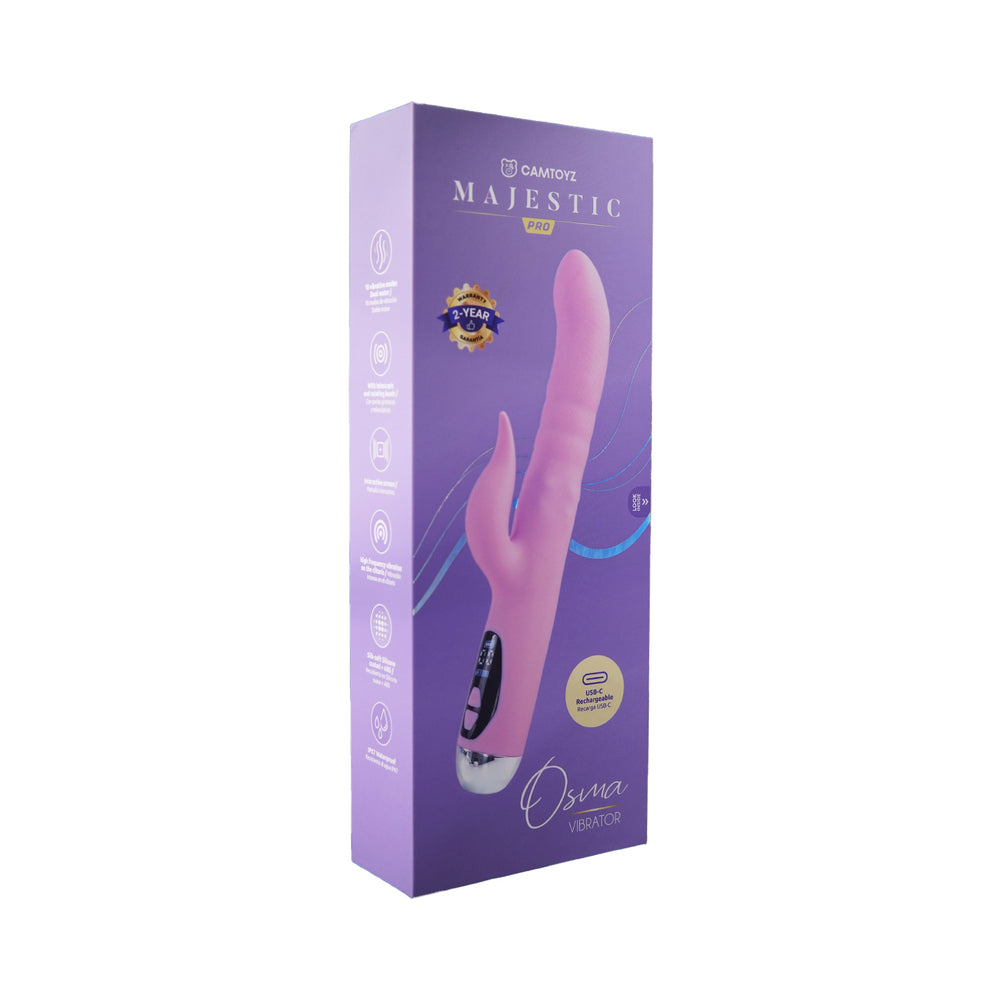 Camtoyz Rabbit Vibrator USB-C Charging Osma Camtoyz Osma magenta USB-C rabbit vibrator beside tall purple retail box