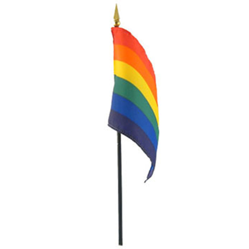 Gaysentials Rainbow Stick Flag 4in x 6in Gaysentials six-stripe rainbow stick flag on black staff