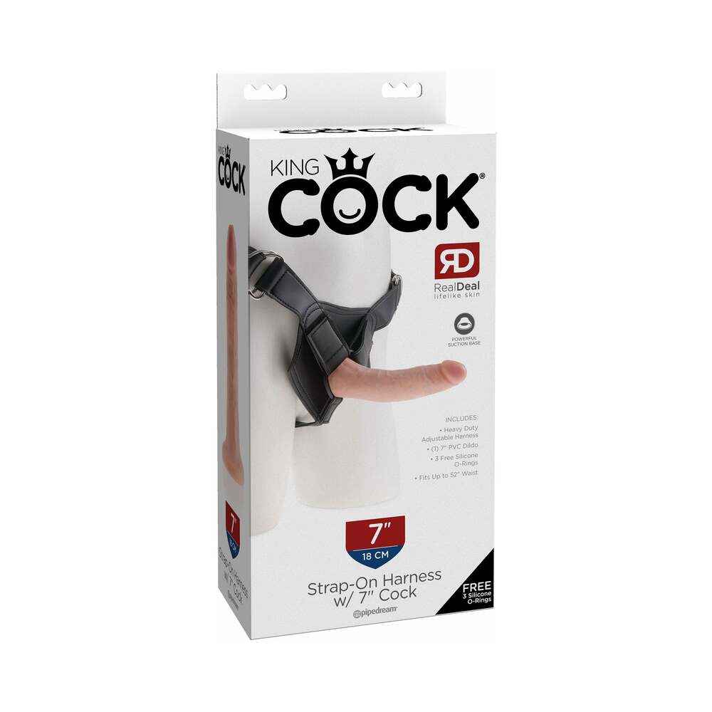 King Cock Strap-On Harness With 7 in. Cock Beige King Cock 7-Inch Harness Set retail box with black harness and beige dildo