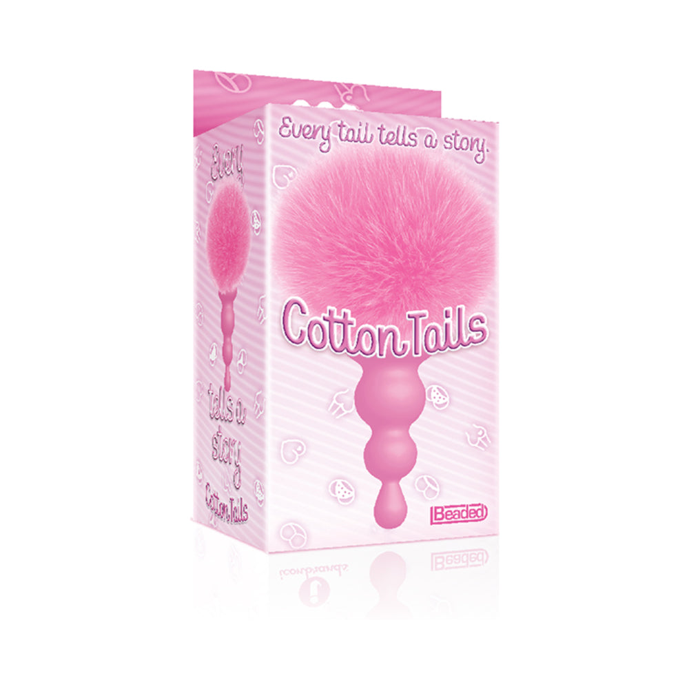 The 9''s Cottontails Silicone Bunny Tail Butt Plug Beaded Pink Pink Cottontails box showing beaded plug and fluffy bunny tail