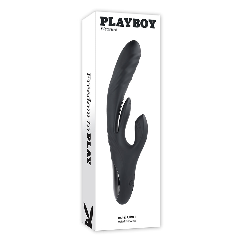 Playboy Rapid Rabbit Rechargeable Silicone Dual Stimulation Vibrator Black Playboy Rapid Rabbit black thrusting dual vibrator front retail box