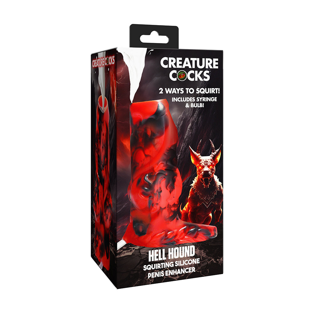 Creature Cocks Hell Hound Squirting Silicone Penis Enhancer Red Creature Cocks Hell Hound red silicone enhancer in fiery black retail box