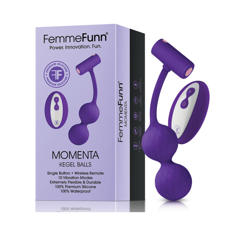 FemmeFunn Momenta Rechargeable Remote-Controlled Silicone Kegel Balls Purple FemmeFunn Momenta purple Kegel balls, remote and purple-and-white retail box