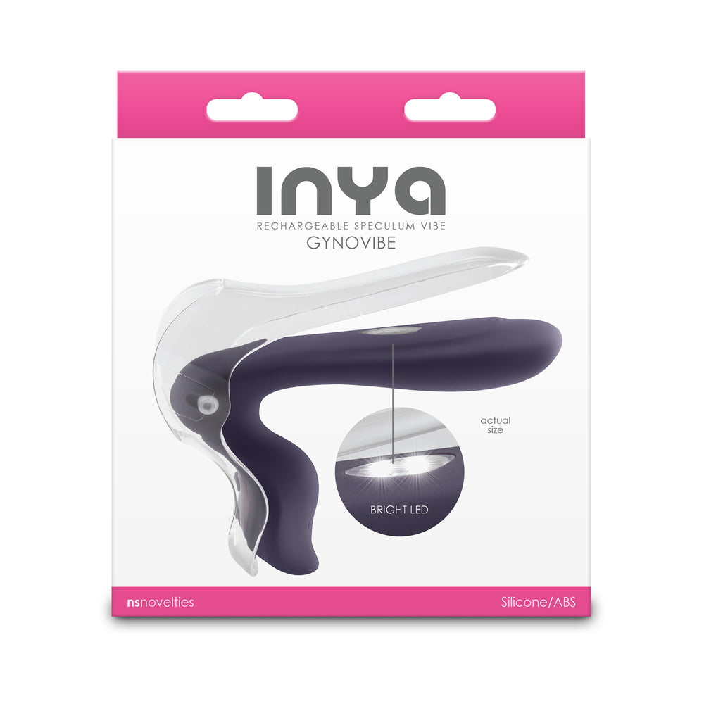 INYA Gyno Vibe Speculum with LED Gray INYA Gyno Vibe gray hinged speculum vibrator with LED pictured on box