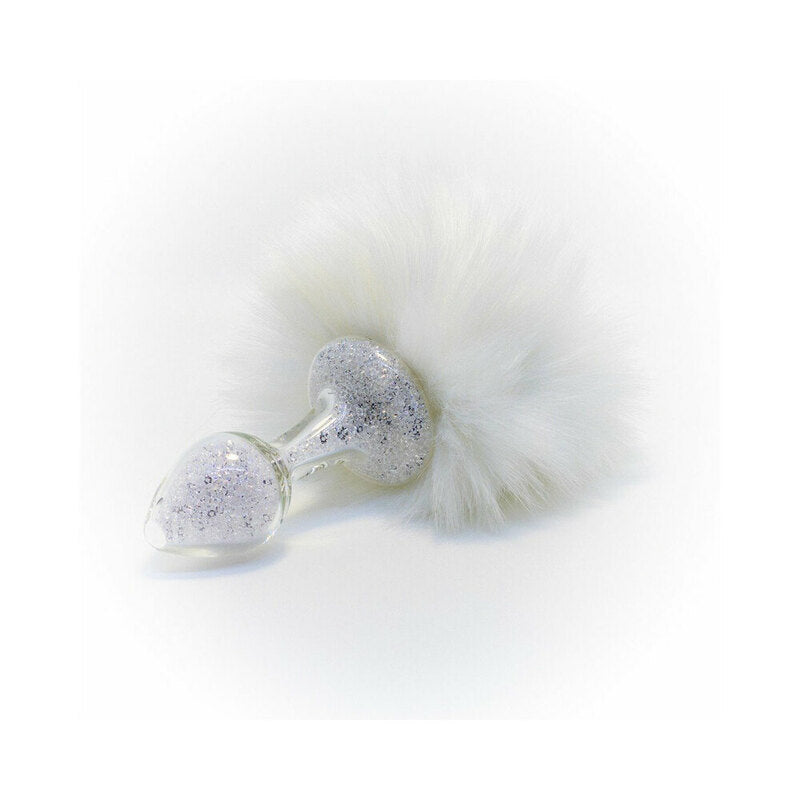 Crystal Delights Magnetic Sparkle Bunny Tail Plug White white magnetic bunny tail beside silver-sparkle glass plug