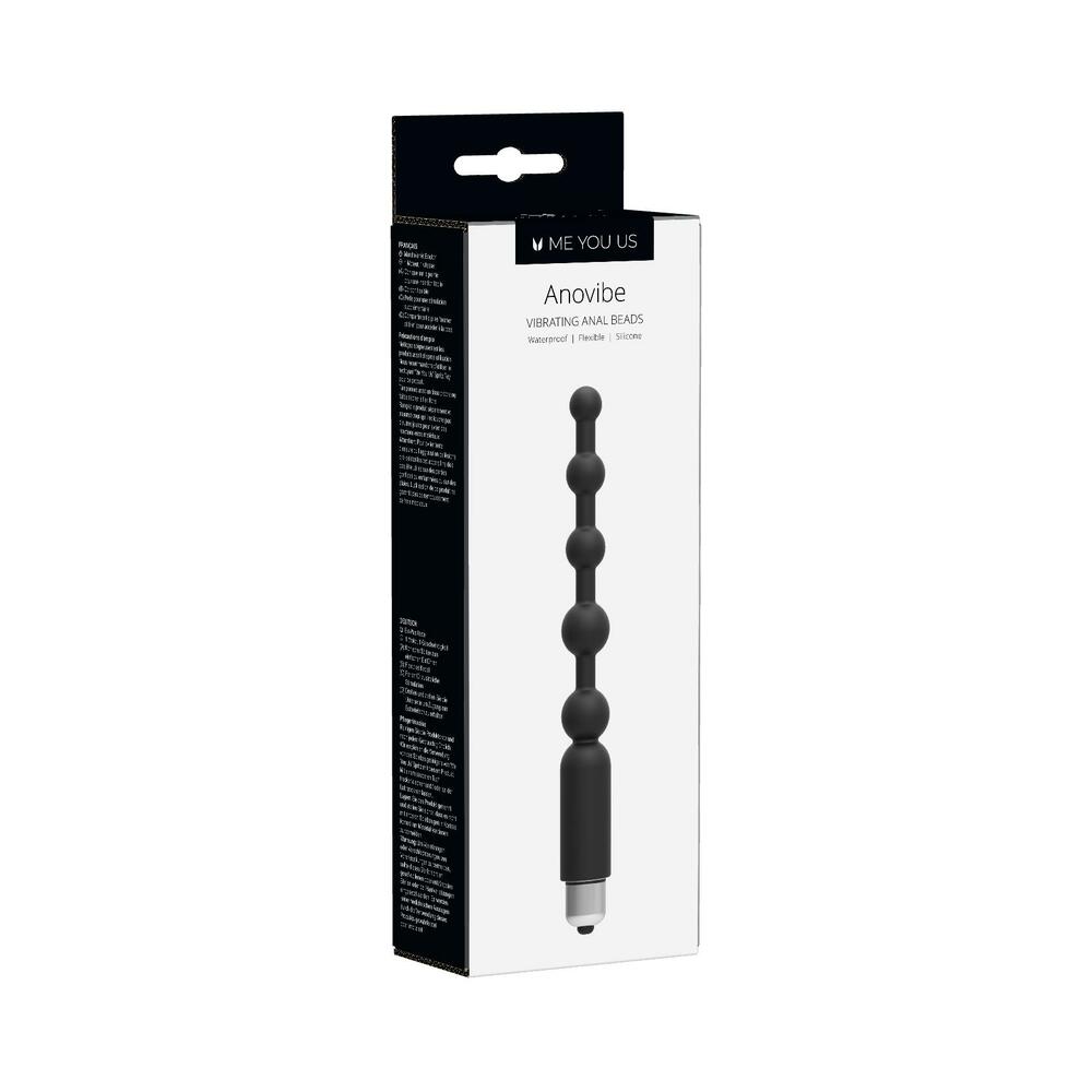 Me You Us Anovibe Vibrating Anal Beads Me You Us Anovibe black five-bead vibrator displayed on white retail box