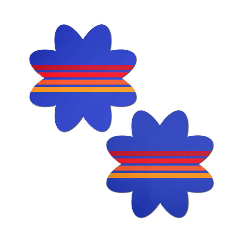 Pastease Vibrant Retro Stripes on Blue Petal Breast Pasties Pastease blue retro stripe petal breast pasties matching royal blue pair with narrow red and orange bands