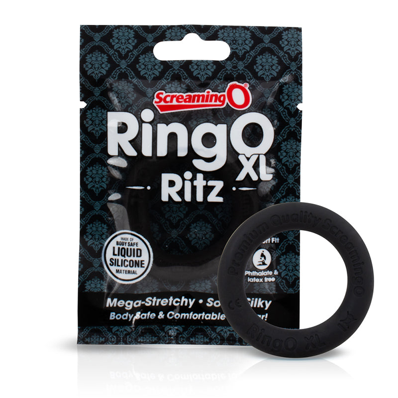 Screaming O RingO Ritz XL - Black Black Screaming O RingO Ritz XL silicone ring beside retail package