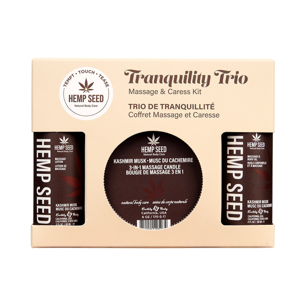 Earthly Body Hemp Seed Massage in a Box Gift Set Kashmir Musk Front of Earthly Body Kashmir Musk Tranquility Trio cream box
