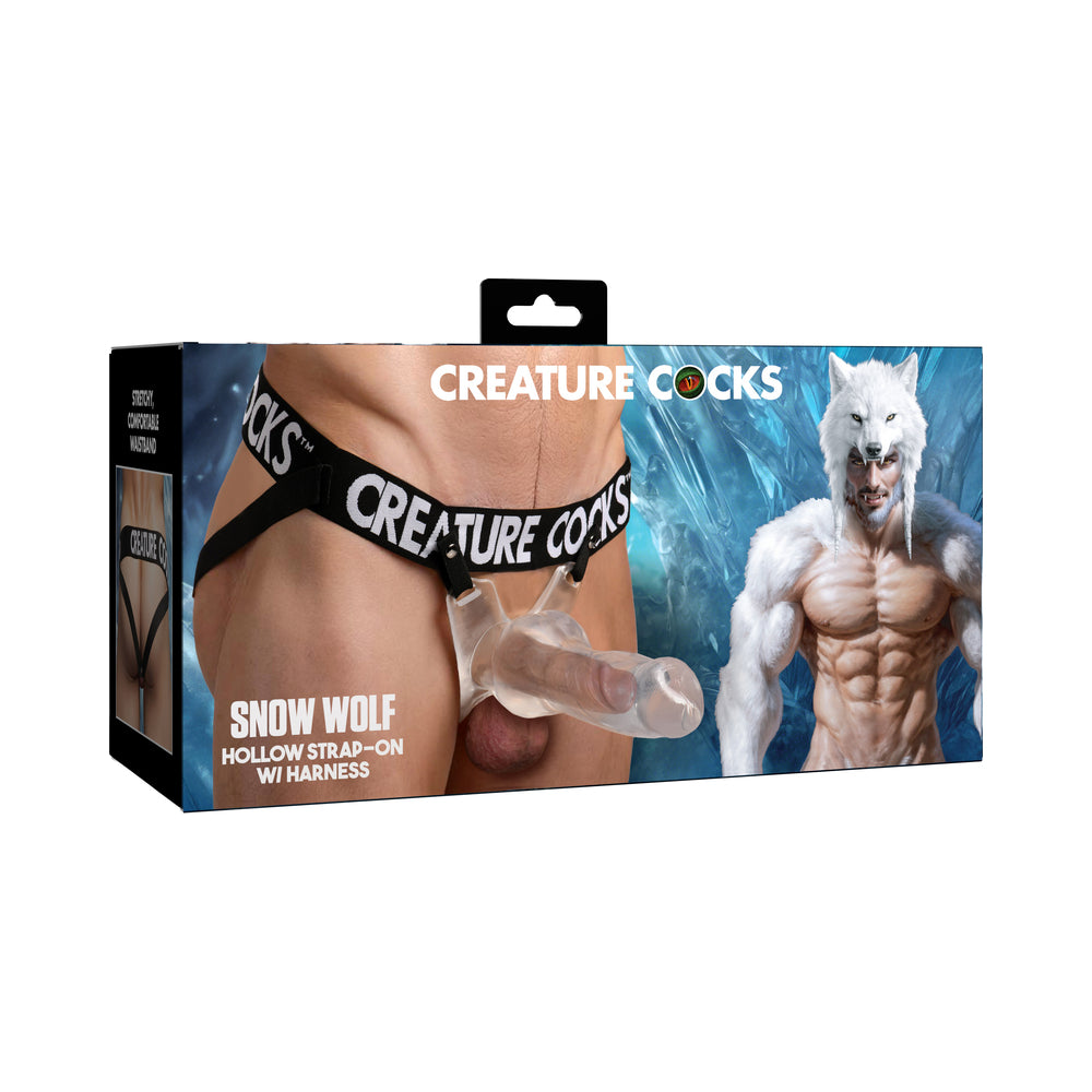 Creature Cocks Snow Wolf Hollow Strap-On with Harness Creature Cocks Snow Wolf clear hollow strap-on in illustrated retail packaging