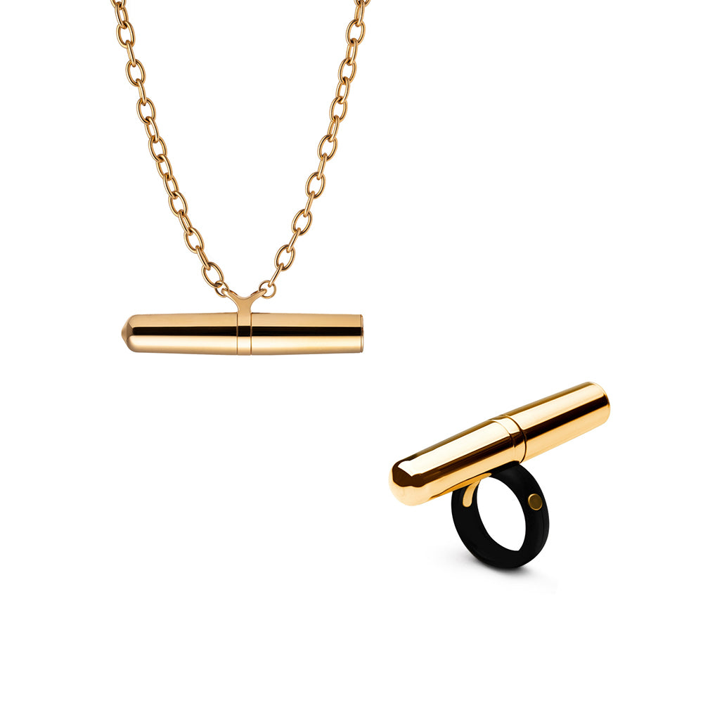 Crave Tease Collection (Necklace + Ring) Gold Crave Tease gold necklace and ring vibrator collection with cylindrical pendant on chain and black ring attachment