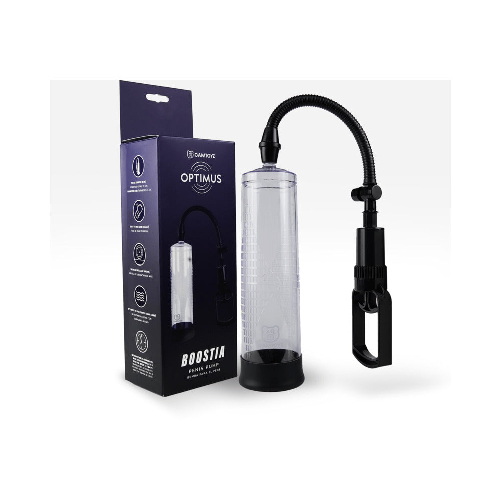 Camtoyz Penis Pump Boostia Camtoyz Boostia clear manual penis pump beside dark blue retail box